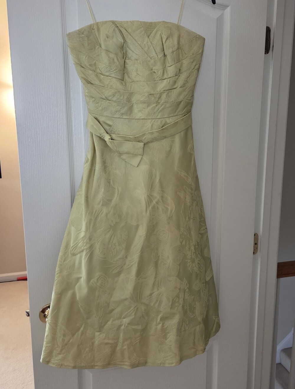Strapless A-Line Floral Jacquard Dress in Light Lime Green